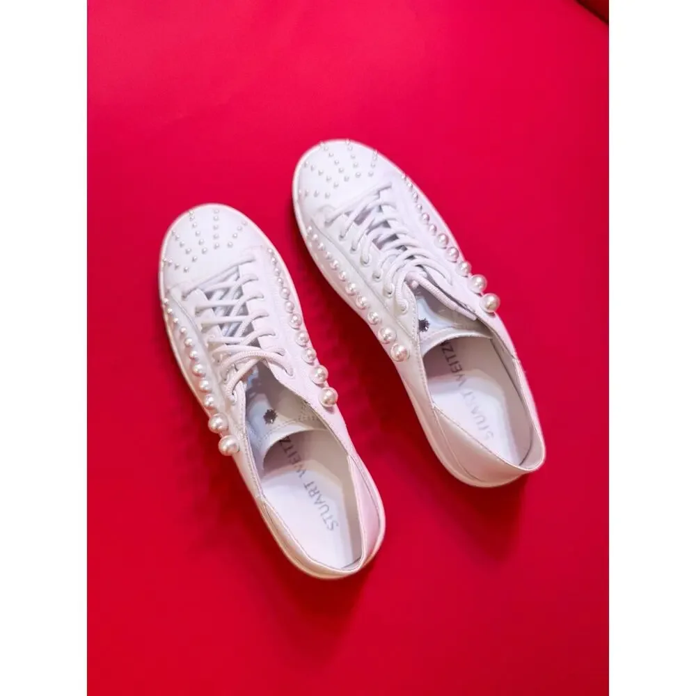 New US Sz 9 ❤️ Stuart Weitzman White Leather Lace-up Pearl Sneakers